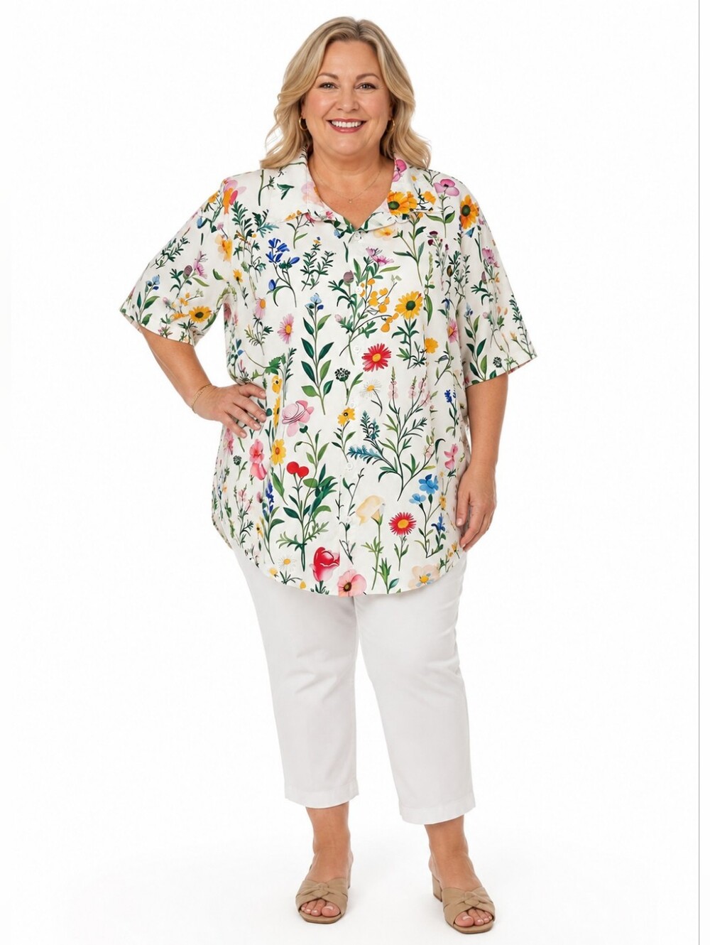 Floral Buttondown Shirt in White with Multicolor Blooms, Short Sleeves, Size XXL